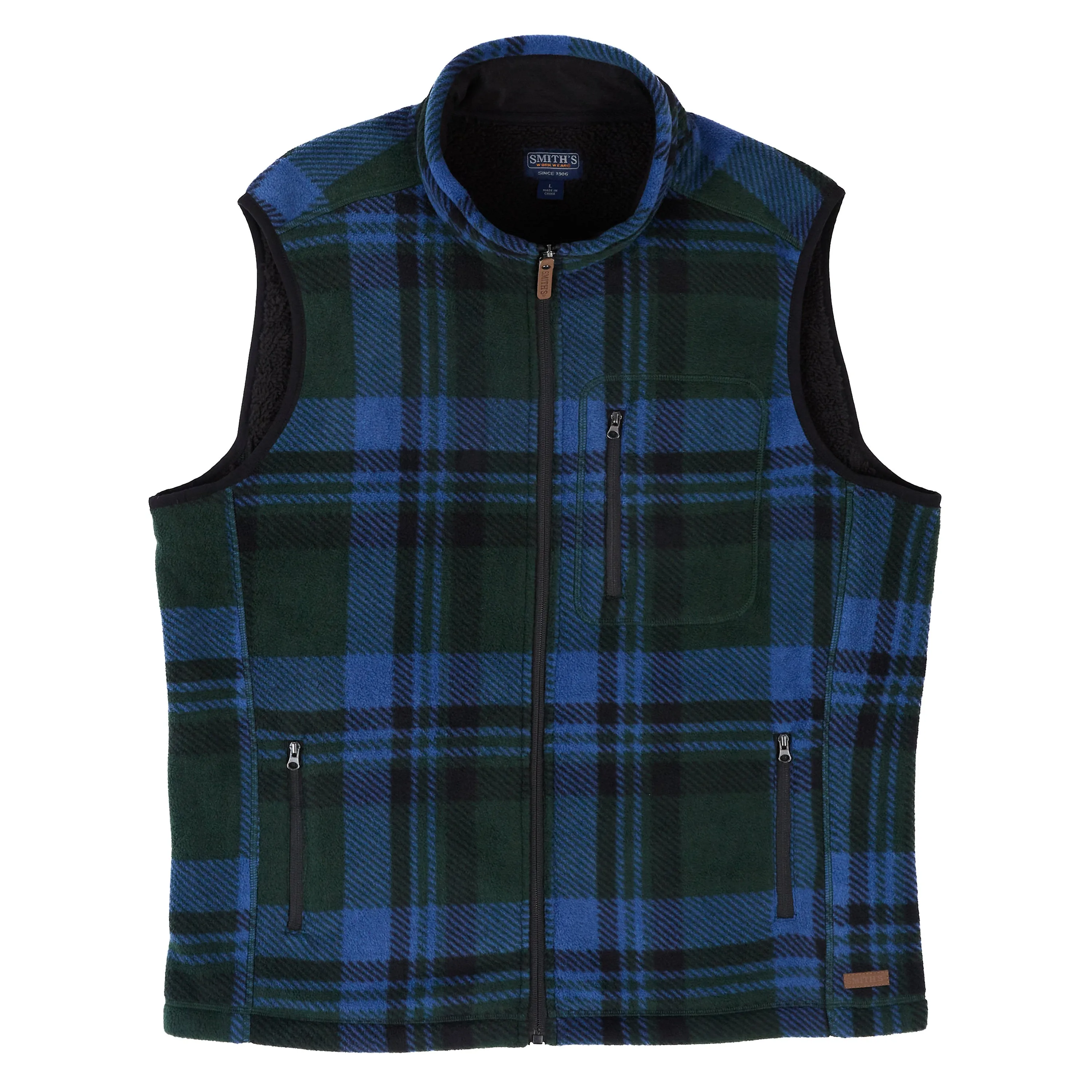 SHERPA-LINED PLAID MICRO POLARFLEECE VEST WITH ZIP POCKETS