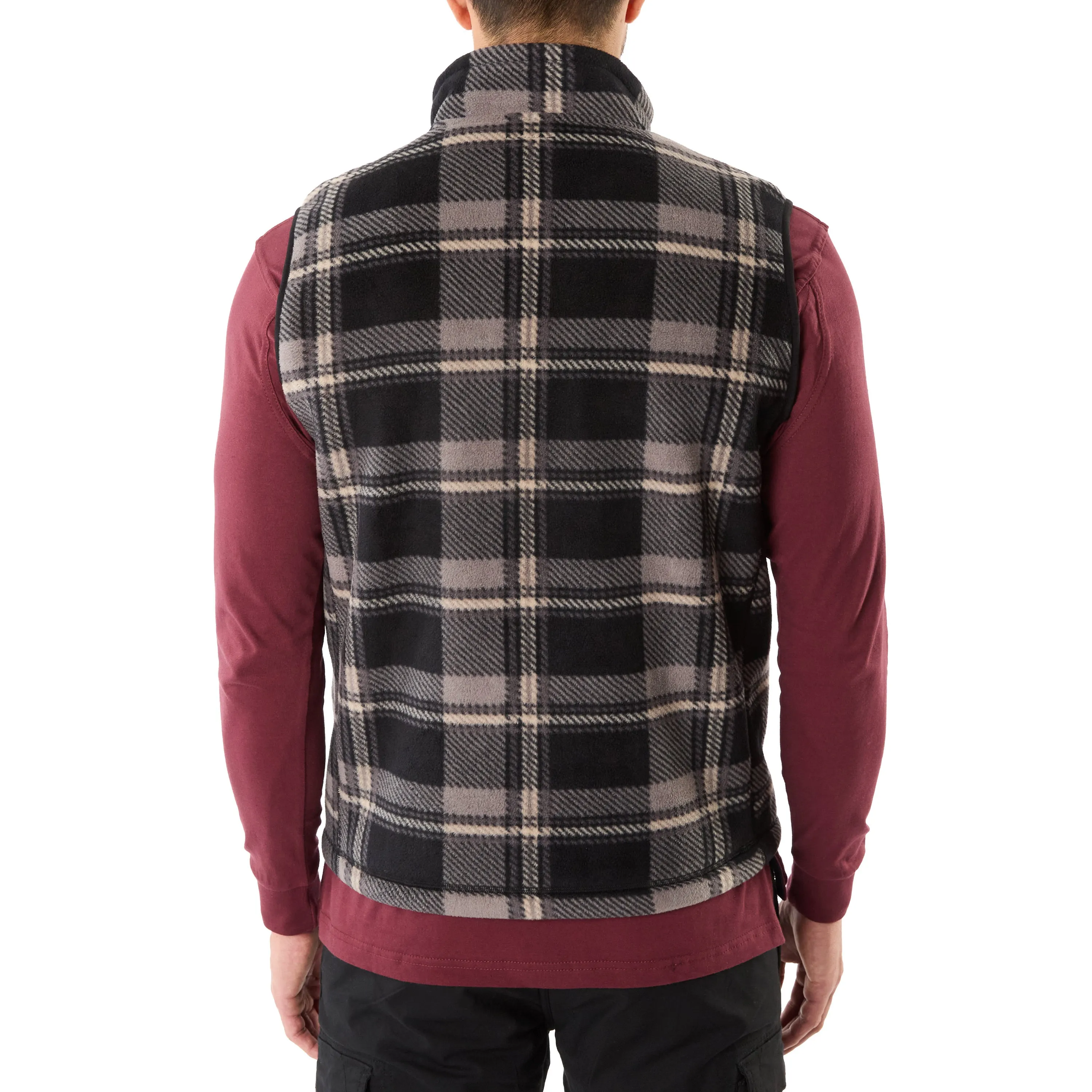 SHERPA-LINED PLAID MICRO POLARFLEECE VEST WITH ZIP POCKETS