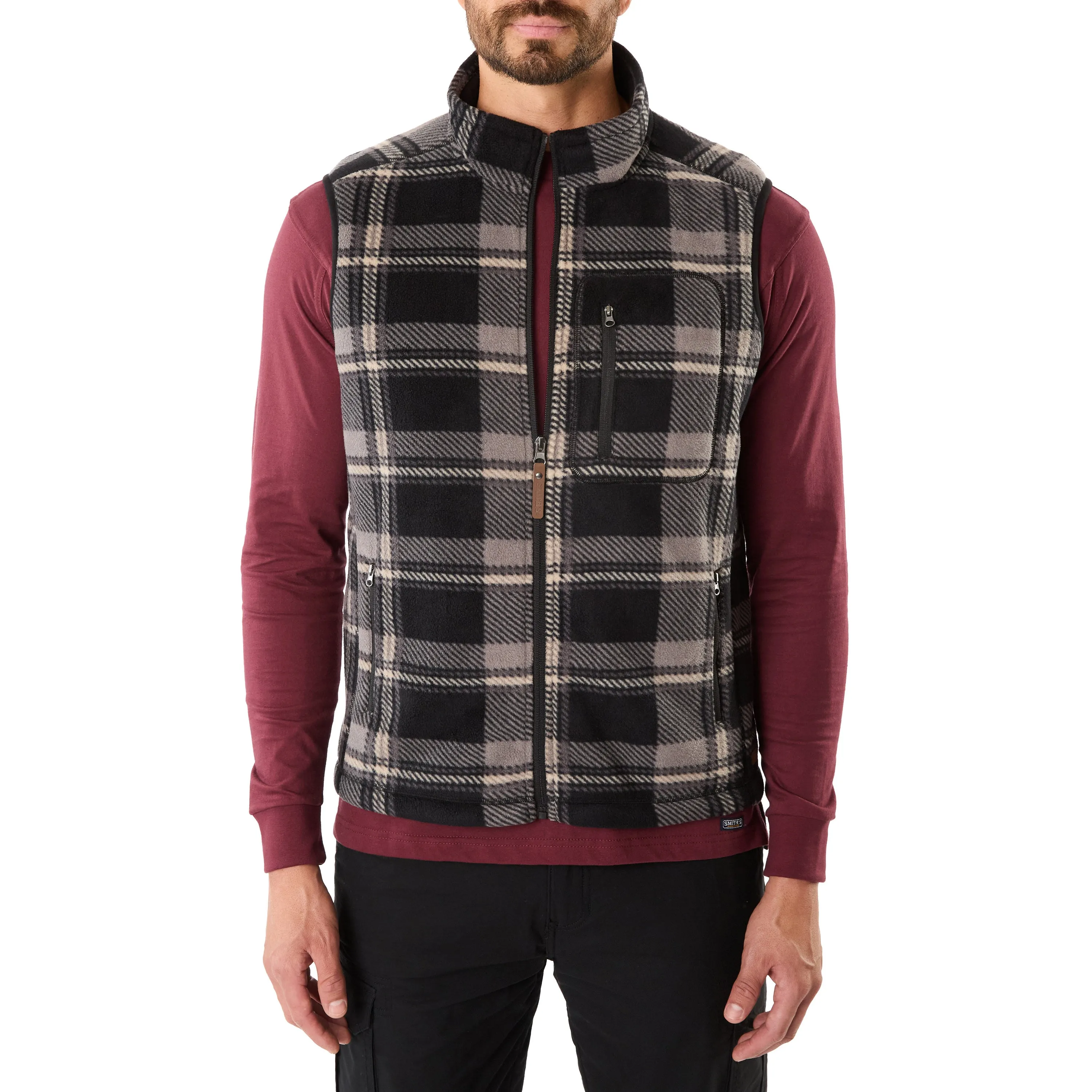 SHERPA-LINED PLAID MICRO POLARFLEECE VEST WITH ZIP POCKETS