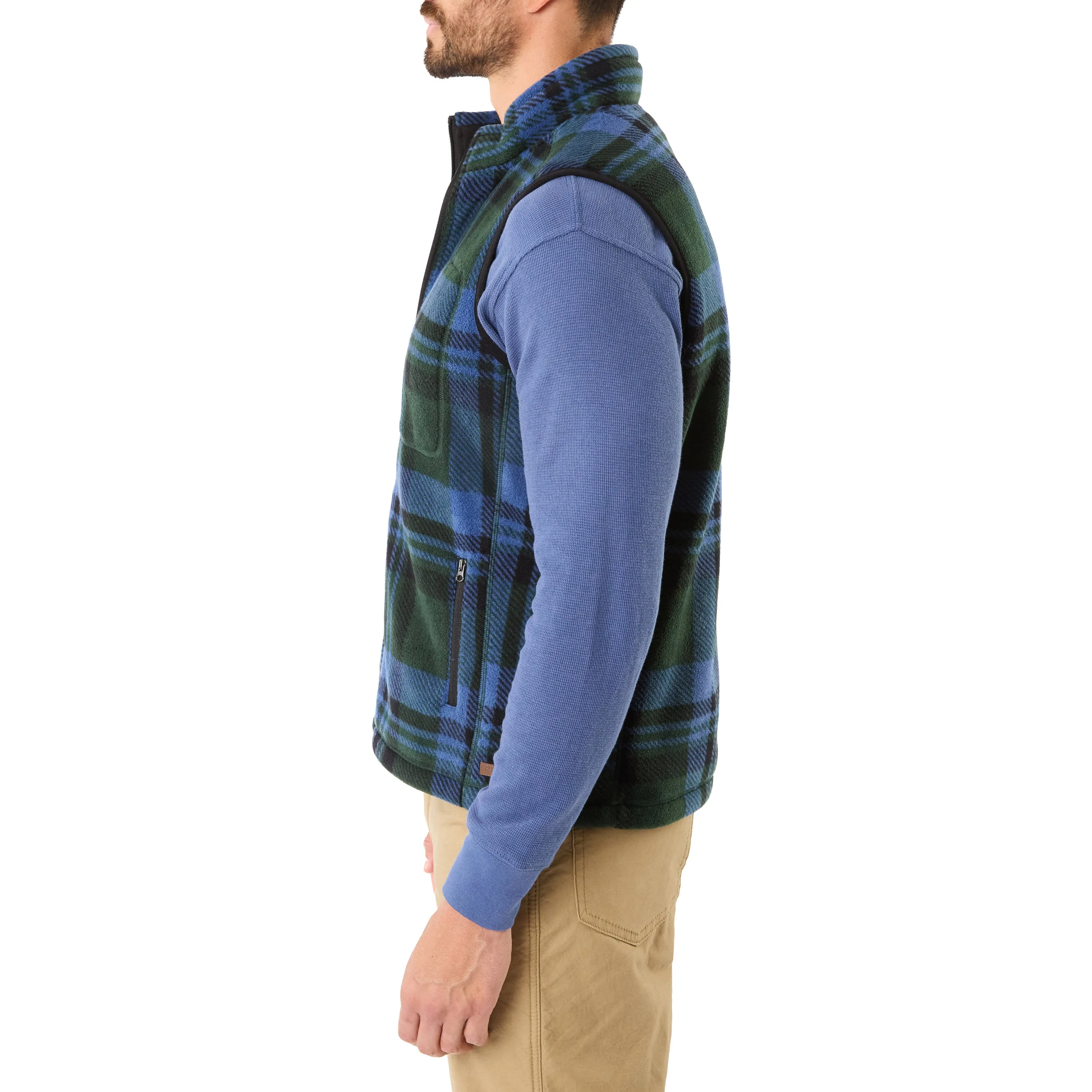 SHERPA-LINED PLAID MICRO POLARFLEECE VEST WITH ZIP POCKETS