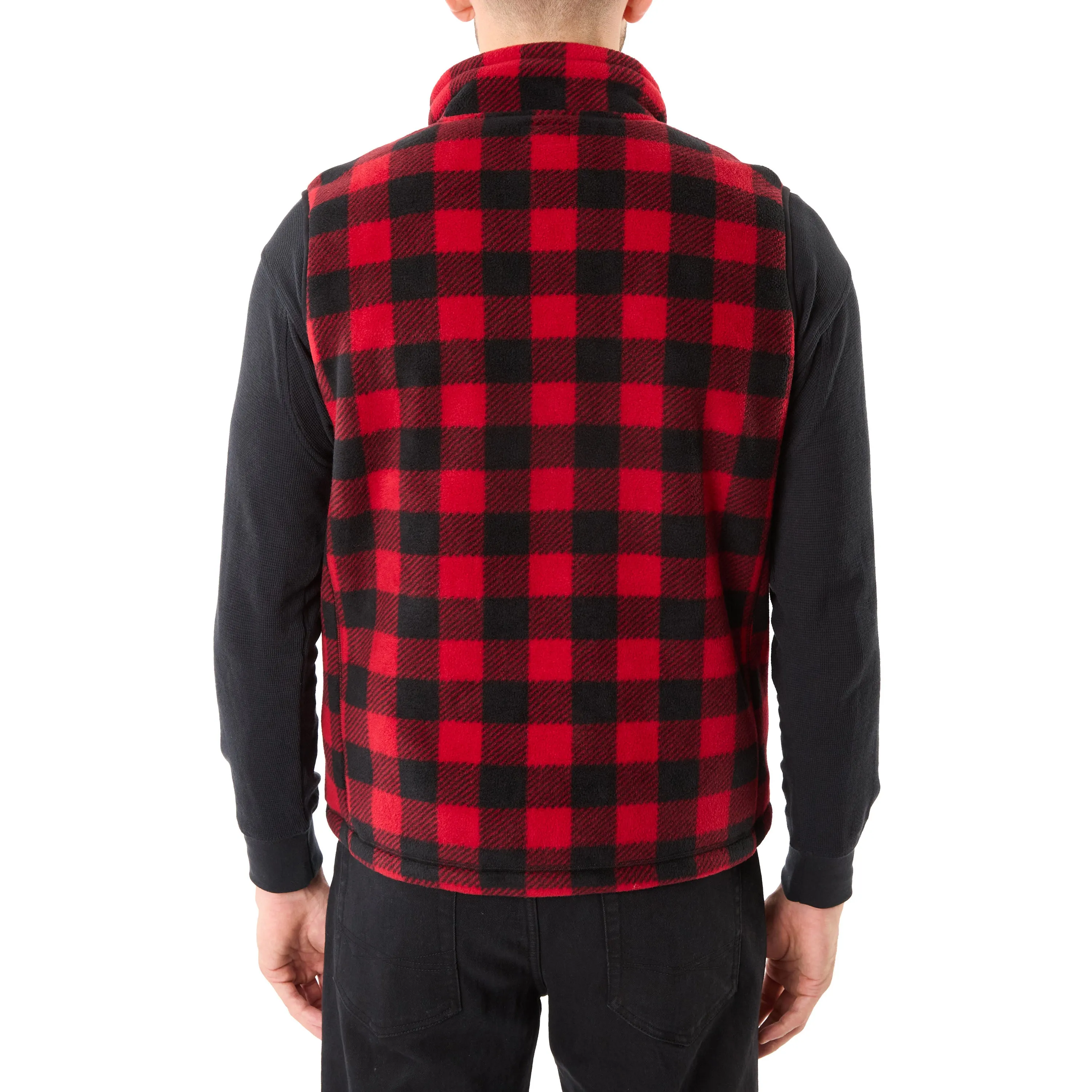 SHERPA-LINED PLAID MICRO POLARFLEECE VEST WITH ZIP POCKETS