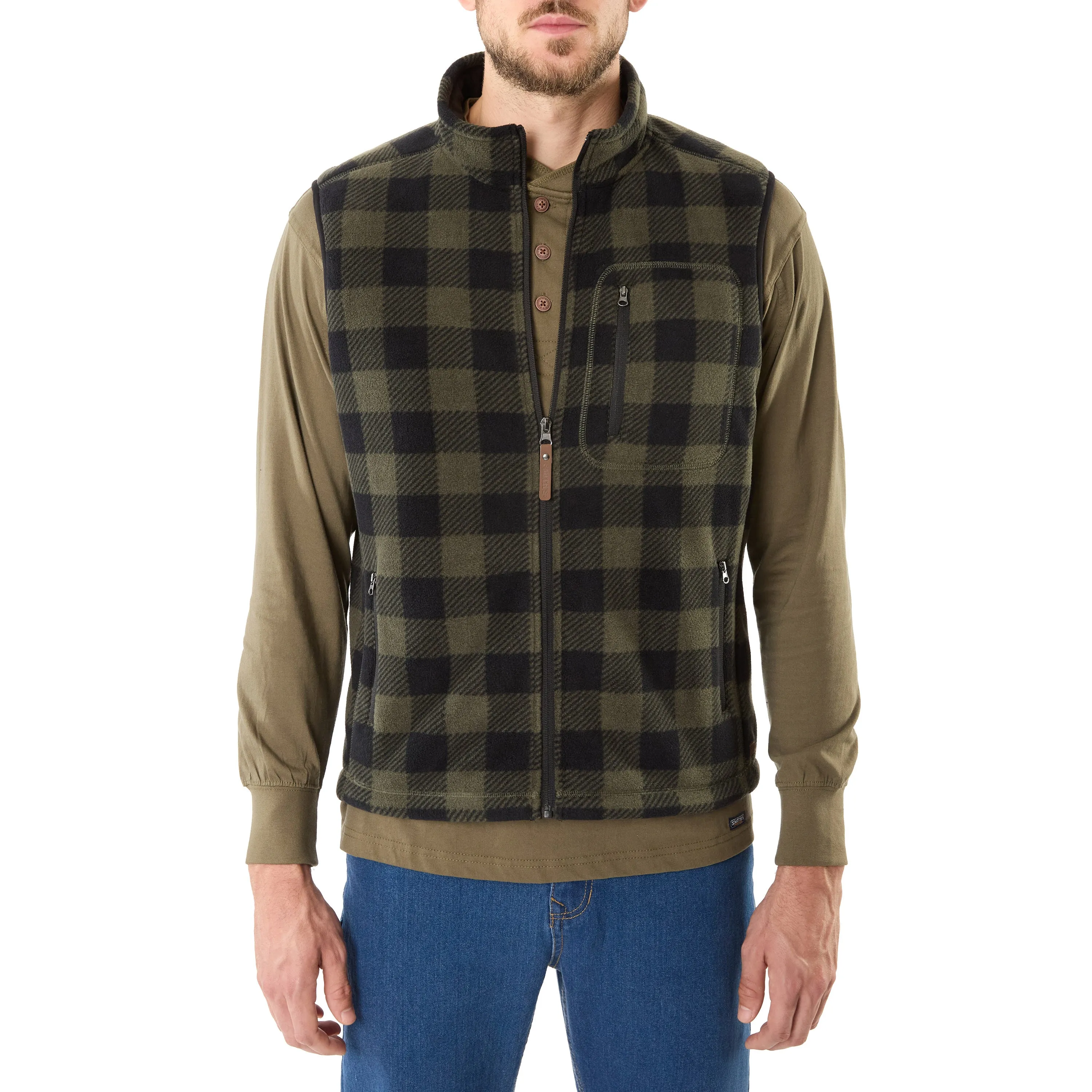 SHERPA-LINED PLAID MICRO POLARFLEECE VEST WITH ZIP POCKETS