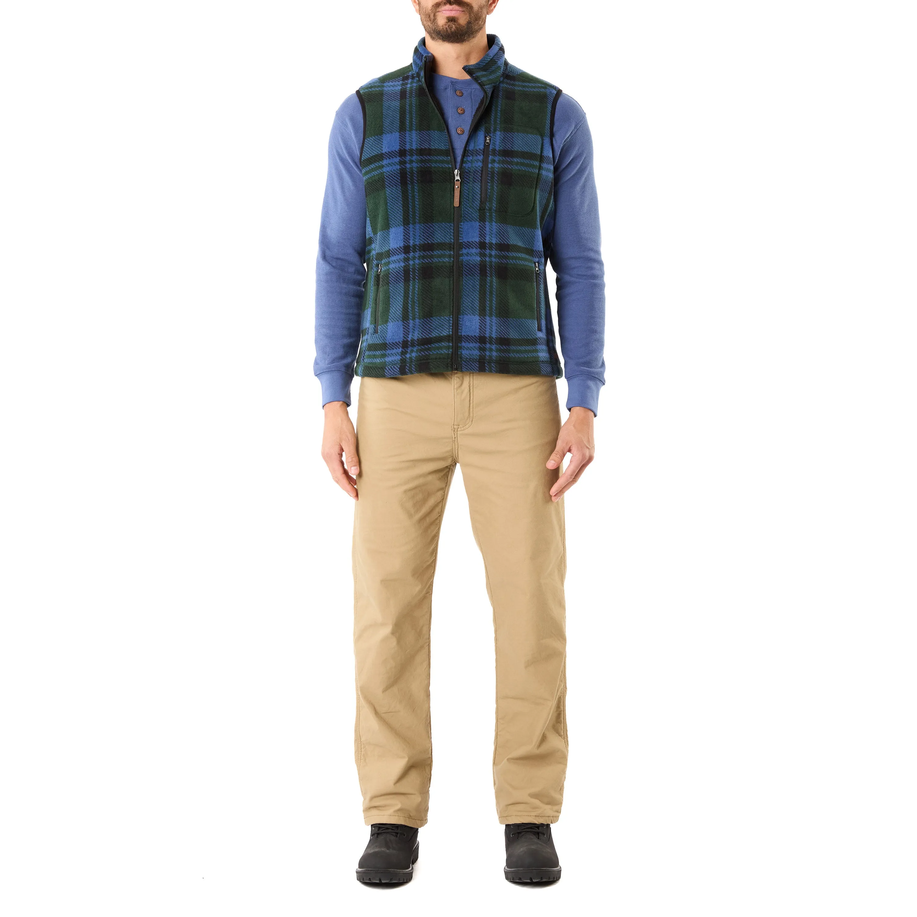 SHERPA-LINED PLAID MICRO POLARFLEECE VEST WITH ZIP POCKETS