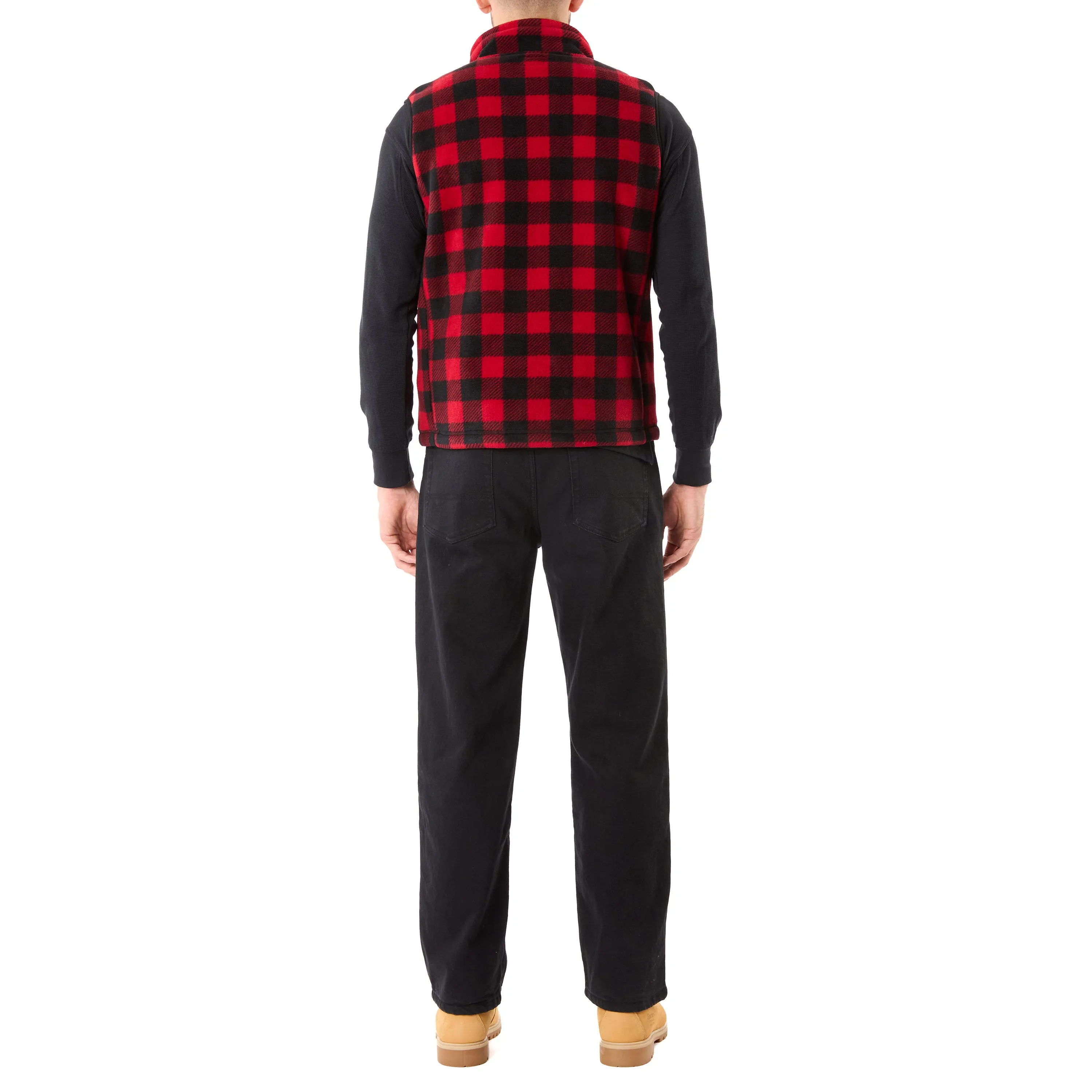 SHERPA-LINED PLAID MICRO POLARFLEECE VEST WITH ZIP POCKETS