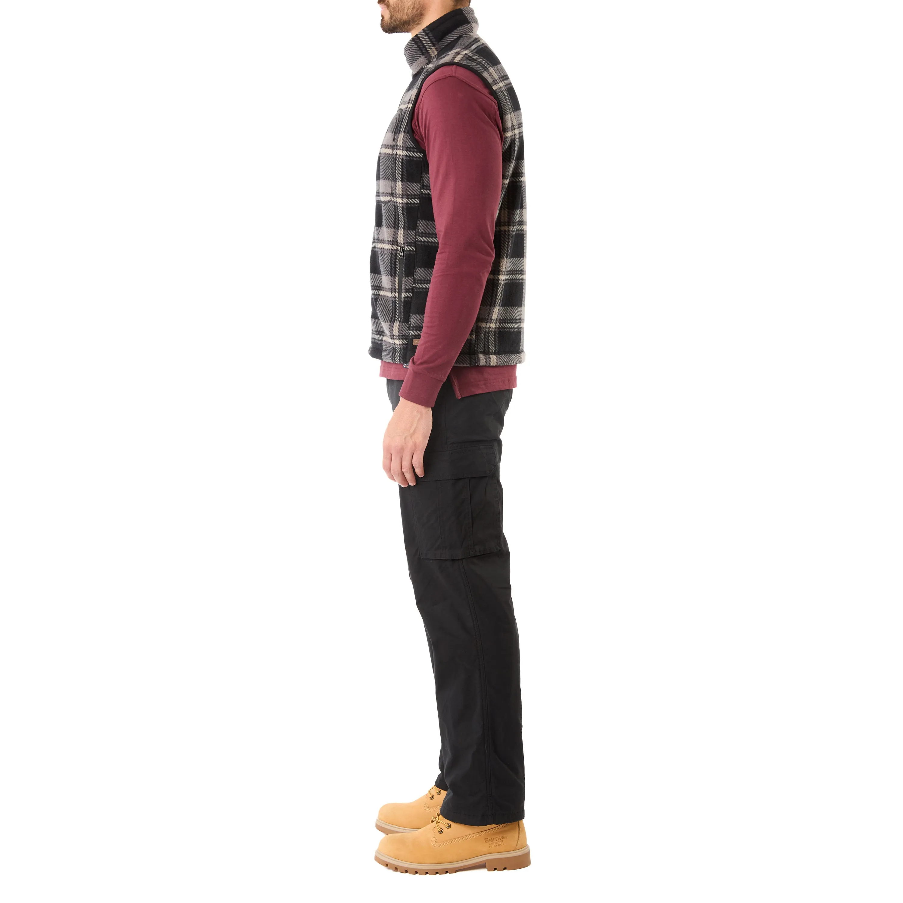 SHERPA-LINED PLAID MICRO POLARFLEECE VEST WITH ZIP POCKETS