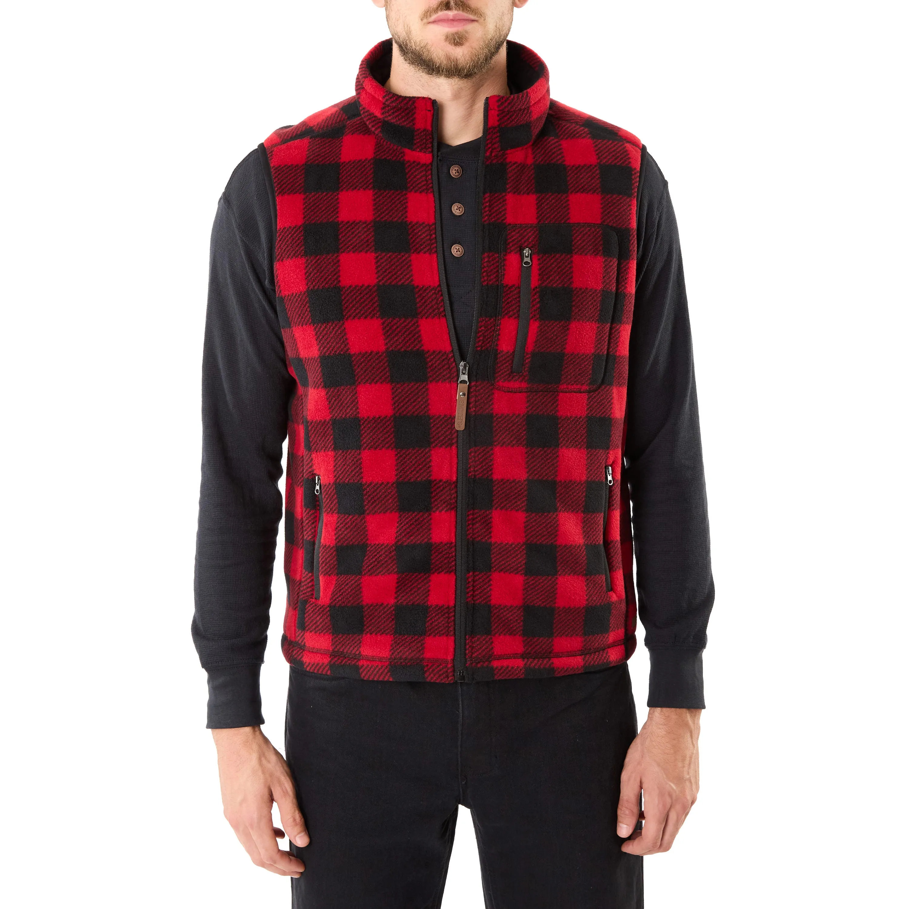 SHERPA-LINED PLAID MICRO POLARFLEECE VEST WITH ZIP POCKETS