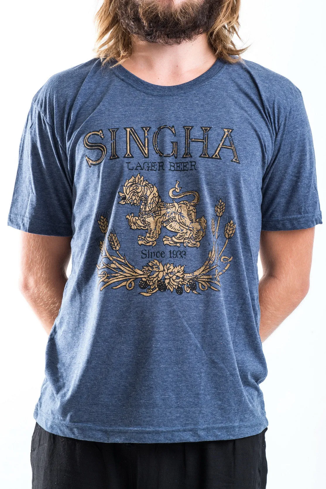 Vintage Style Singha Beer T-Shirt in Denim Blue