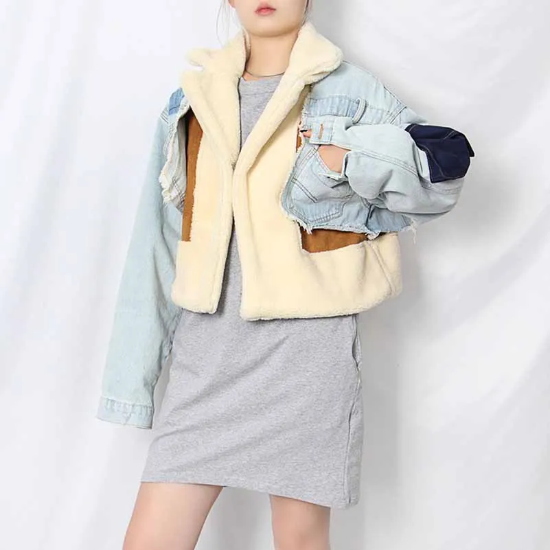 Women Denim Outwear Warm Jacket Patchwork Short Wool Coat