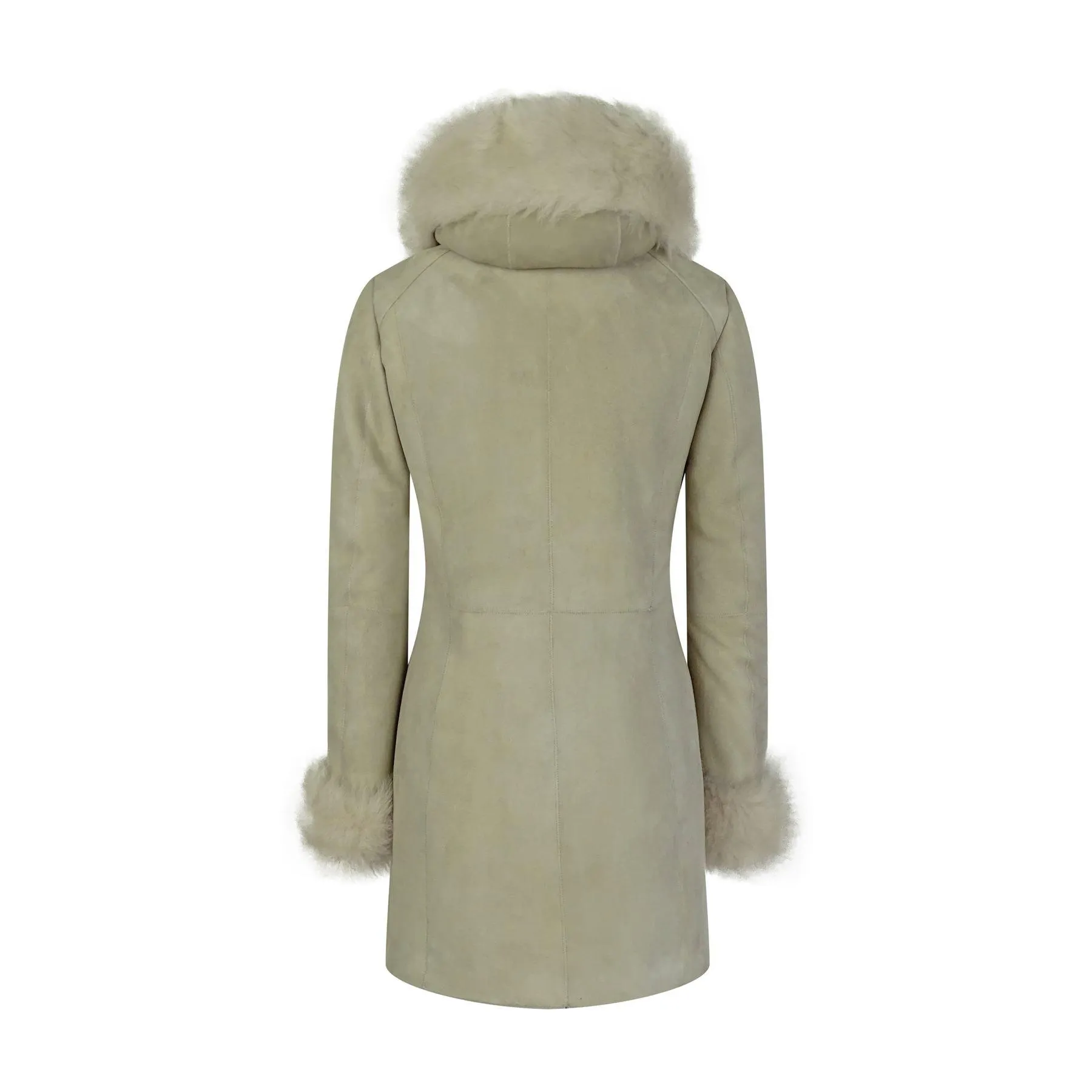 Womens 3/4 Long Cream Toscana Real Sheepskin Suede Hood Jacket Designer