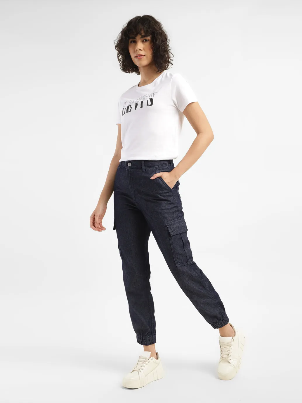 Women's Mid Rise Blue Cargo Trousers