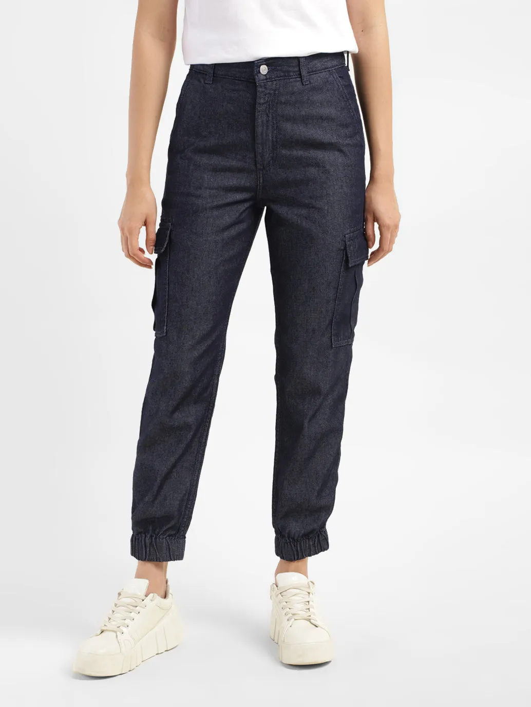 Women's Mid Rise Blue Cargo Trousers